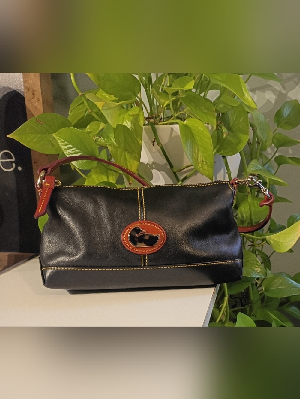 Black Leather Shoulder Bag with Tan Accents